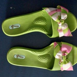 Okay b sandals,  lime green with pink and green bow